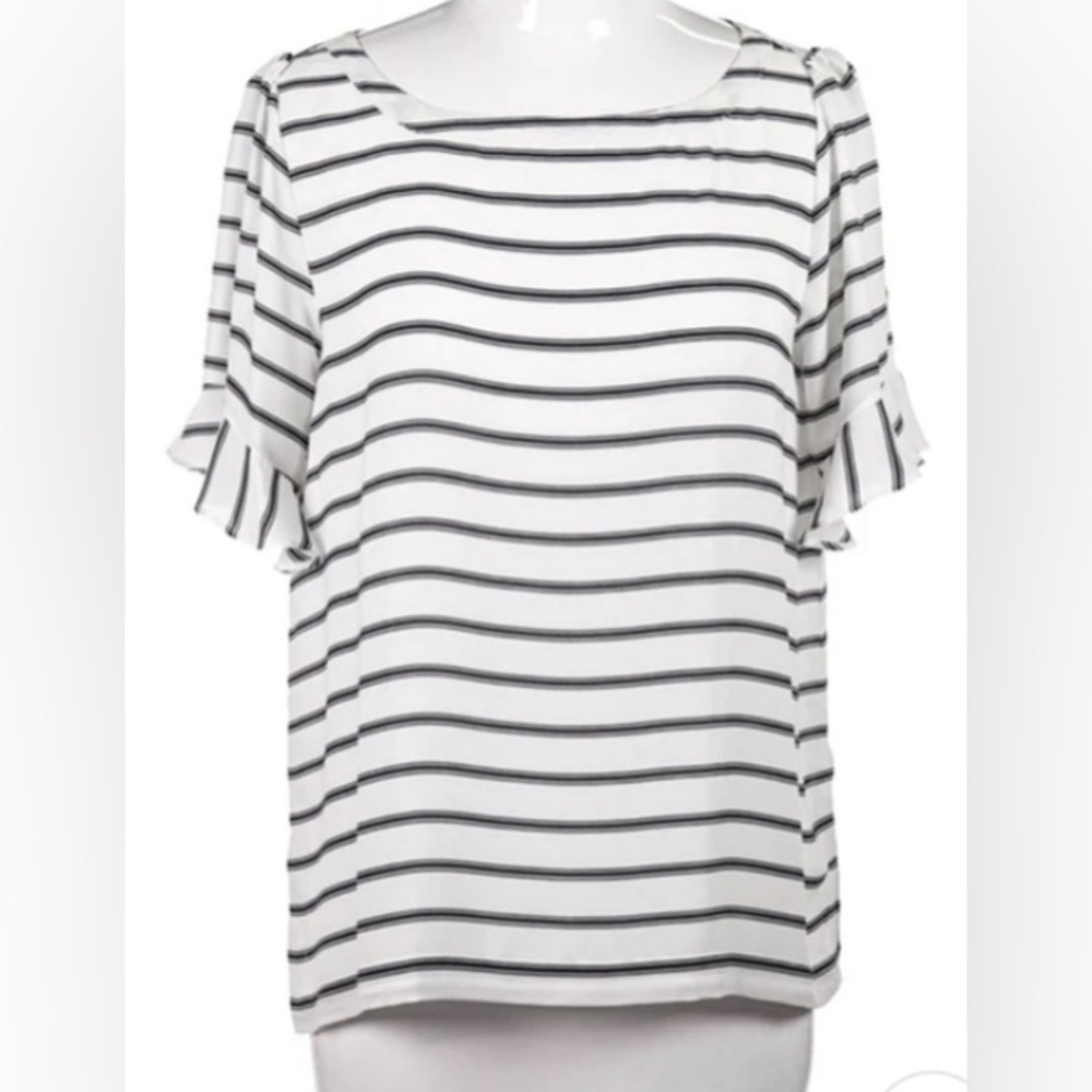 LOFT SHORT RUFFLE SLEEVE BLUE STRIPED TOP BLOUSE SIZE EXTRA SMALL